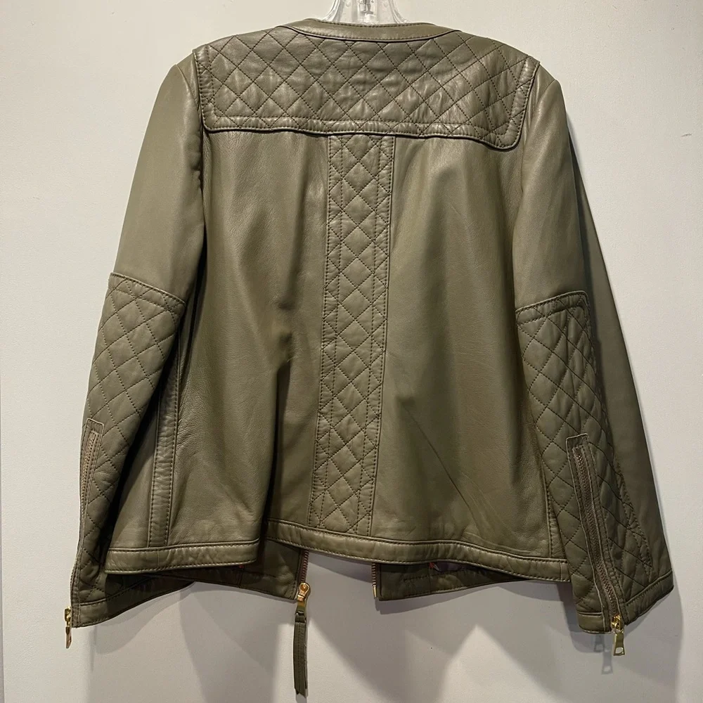 Tory Burch XL Leather Jacket Quilted Taupe/Gray Moto Style EUC - Picture 6 of 12